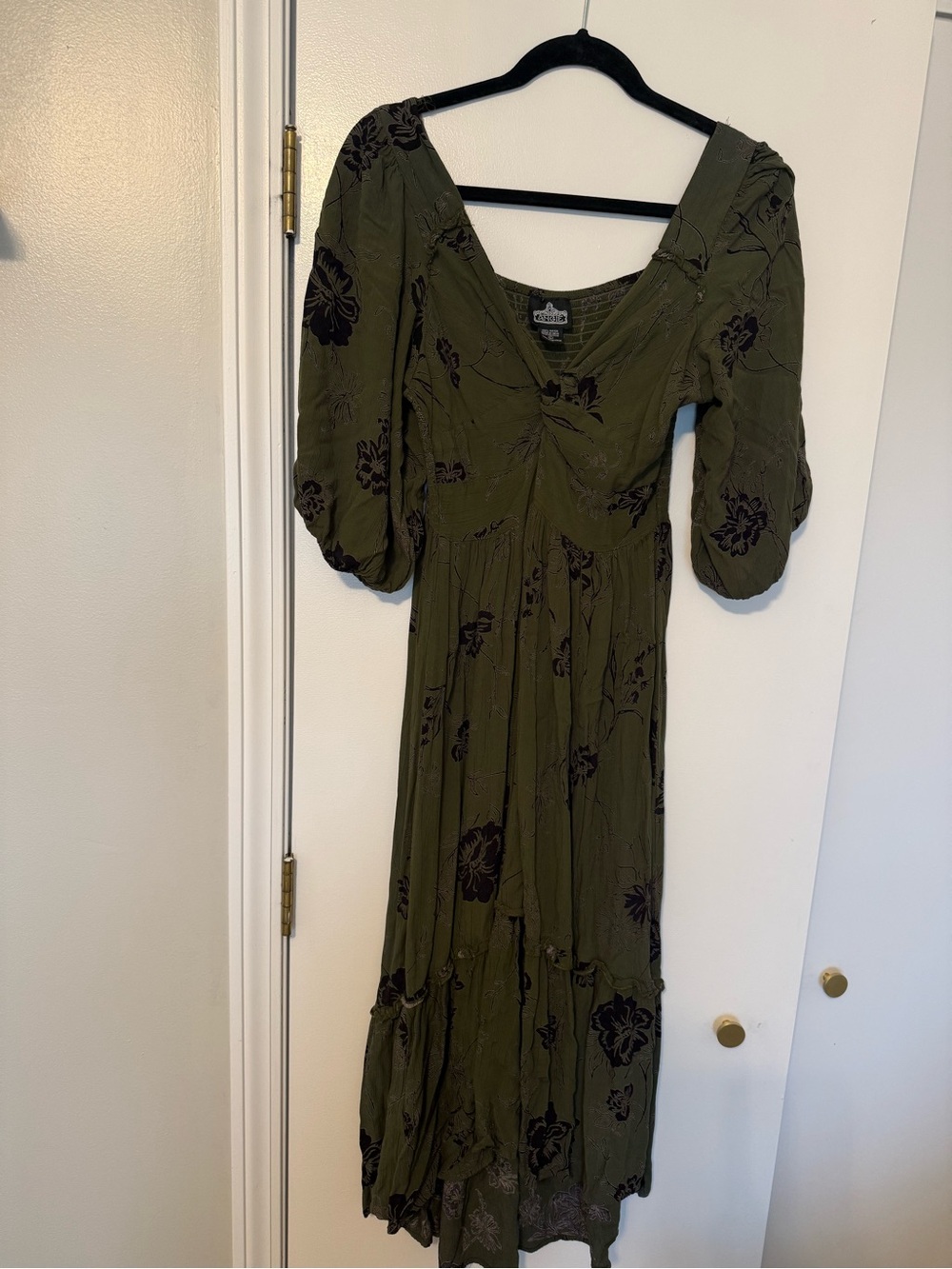 Angie Olive Green Maxi Dress with Black Floral Print
